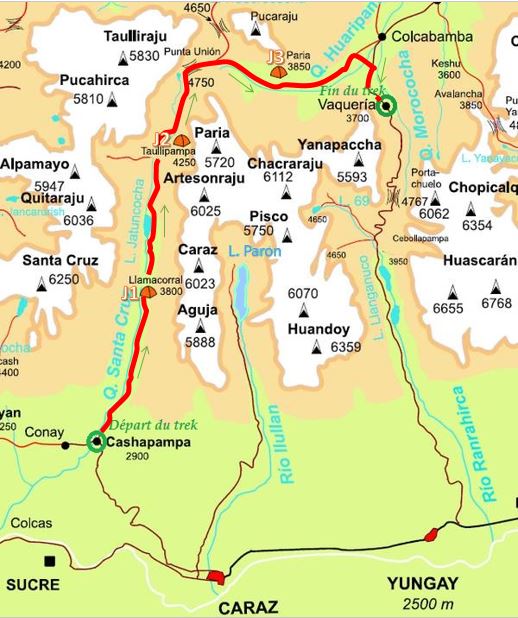 Carte du trek de Santa Cruz (chemin en rouge)